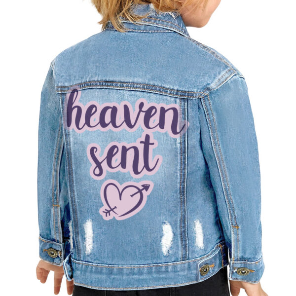 Heaven Sent" toddler denim jacket, a stylish addition to wardrobes.