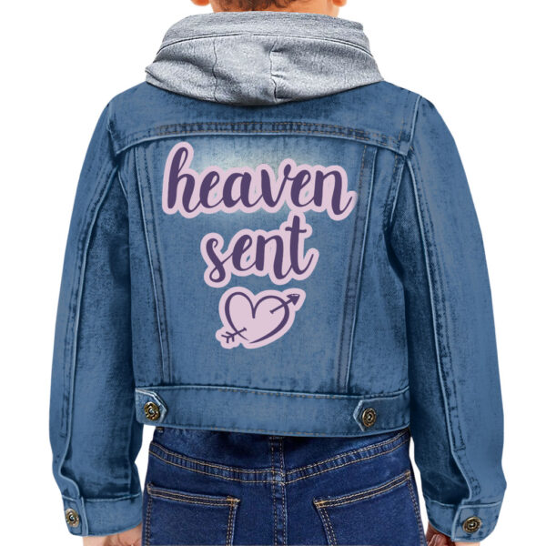 Heaven Sent" toddler hooded denim jacket, perfect for outdoor adventures.