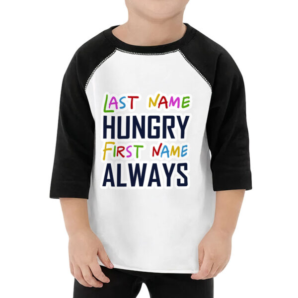 Playful baseball tee featuring delightful "Always Hungry" design.