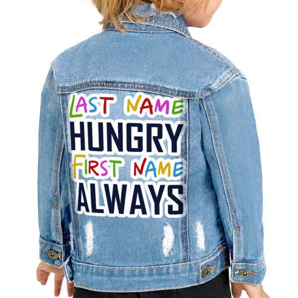 Image of "Always Hungry" Toddler Denim Jacket - Stylish and playful.