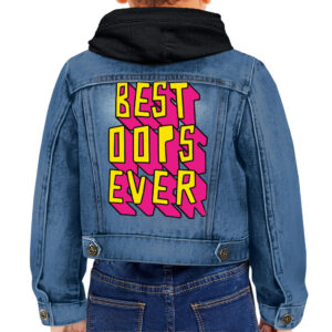 Adorable toddler in Best Oops Ever Toddler Hooded Denim Jacket.