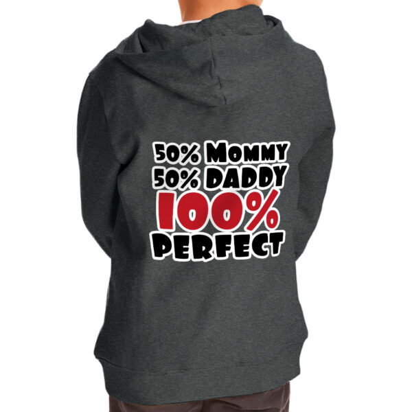 Charming toddler in "50 Mommy 50 Daddy 100 Perfect" Toddler Zip Hoodie.