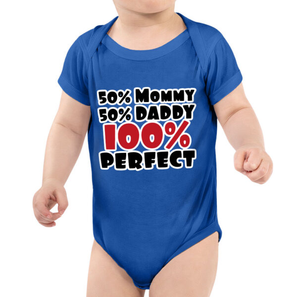 Charming baby in "50 Mommy 50 Daddy 100 Perfect" Baby Jersey Onesie.