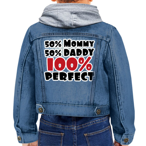 Charming toddler in "50 Mommy 50 Daddy 100 Perfect" Hooded Denim Jacket.