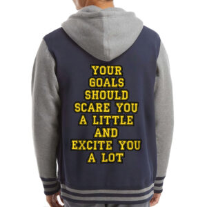 Model wearing Motivational Quote Varsity Hoodie.