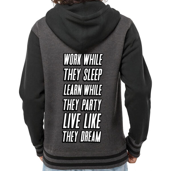 Model wearing Motivational Quote Printed Varsity Hoodie.