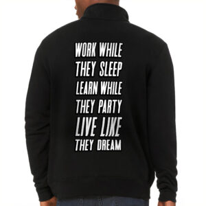 Model wearing Motivational Quote Zip Pullover Printed Fleece Pullover.