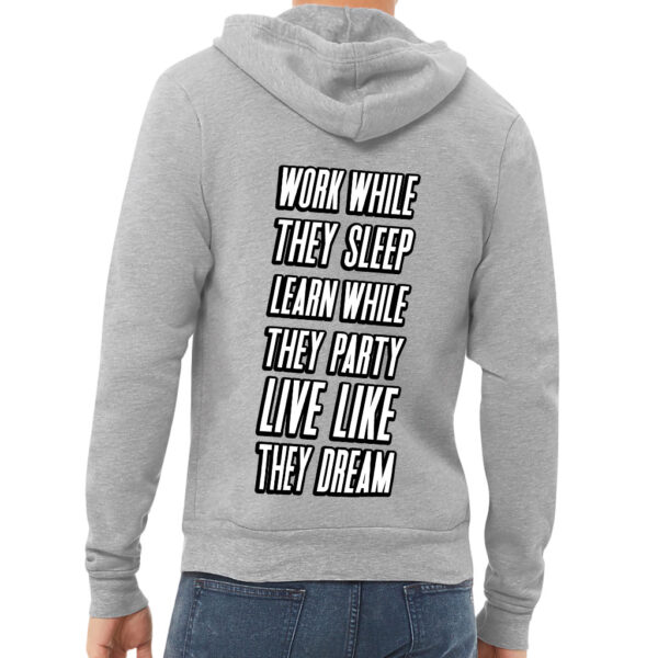 Model wearing Motivational Quote Printed Full-Zip Hoodie.