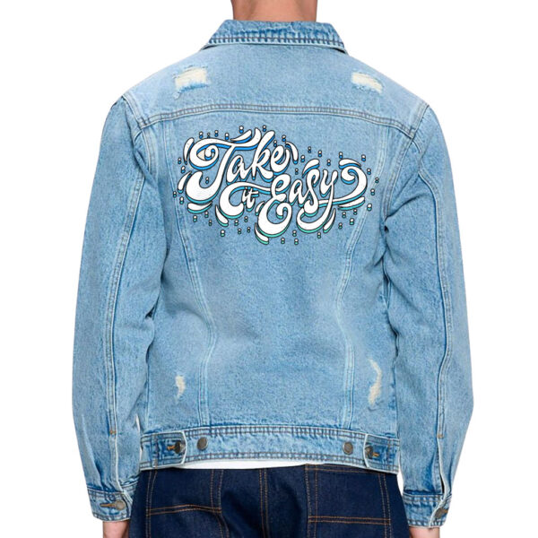 Take It Easy Men's Distressed Denim Jacket with laid-back style.