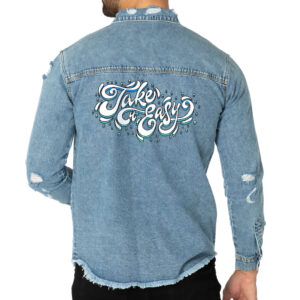 Take It Easy Men's Distressed Denim Shirt with rugged style.