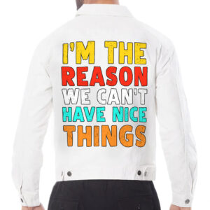 "I'm the Reason" Men's White Denim Jacket with bold slogan.