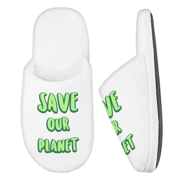 "Save the Planet" Memory Foam Slippers with eco-friendly design.