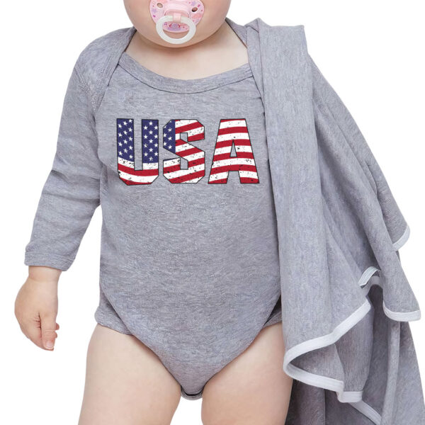 USA Flag Baby Long Sleeve Onesie - Patriotic infant apparel.