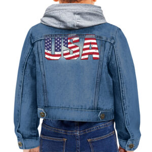 USA Flag Toddler Hooded Denim Jacket: Stylish and patriotic denim outerwear.