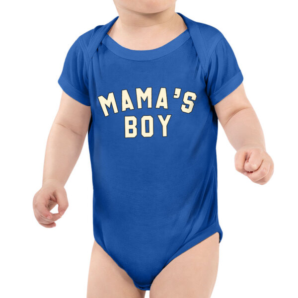 Baby wearing a sporty "Mama's Boy" jersey onesie.