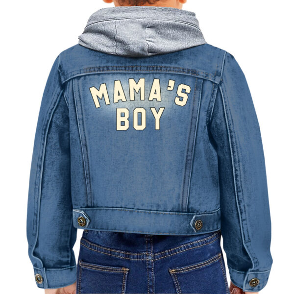 Front view of a toddler wearing a hooded denim jacket.