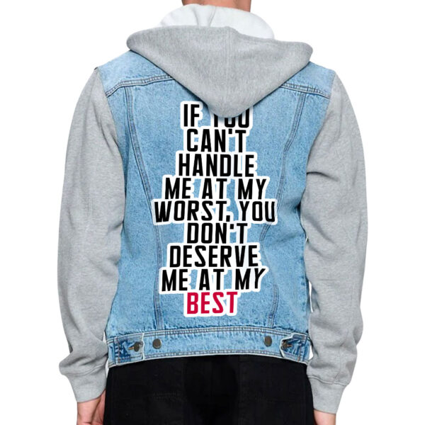 Front view of a man wearing a denim jacket with funny sayings.