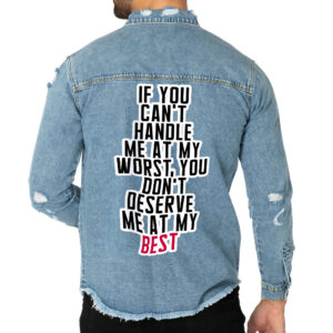 Front view of a man wearing a distressed denim shirt with cool sayings.