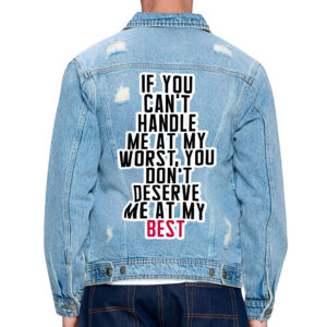 Front view of a man wearing a distressed denim jacket with cool sayings.