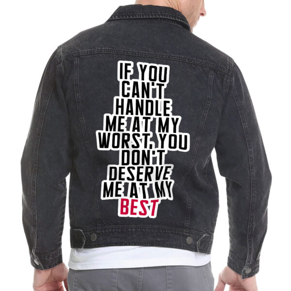 Front view of a man wearing a vintage denim jacket with cool sayings.