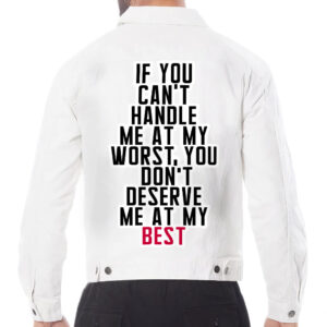 Front view of a man wearing a white denim jacket with cool sayings.