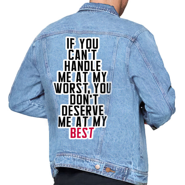 Front view of a man wearing a light washed denim jacket with cool sayings.