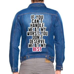 Front view of a man wearing a dark washed denim jacket with cool sayings.