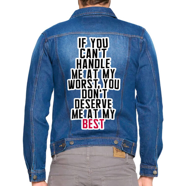 Front view of a man wearing a dark washed denim jacket with cool sayings.