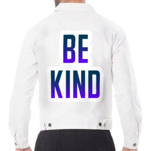 Front view of a man wearing a white denim jacket with "Be Kind" message.