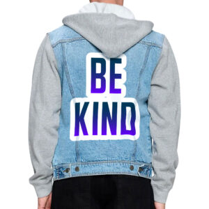 Front view of a man wearing a denim jacket with "Be Kind" message.