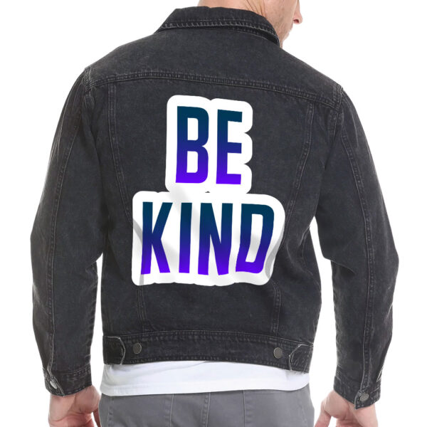 Front view of a man wearing a vintage denim jacket with "Be Kind" message.