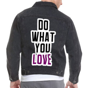 Front view of a man wearing a vintage denim jacket with "Do What You Love" message.