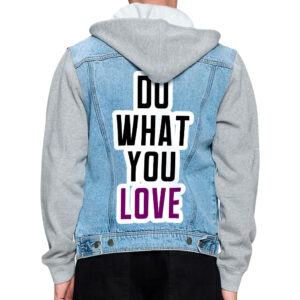 Front view of a man wearing a denim jacket with "Do What You Love" message.