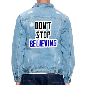 Don't Stop Believing Men's Distressed Denim Jacket.