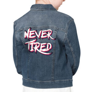 Children's denim jacket with stylish cool graphic design.