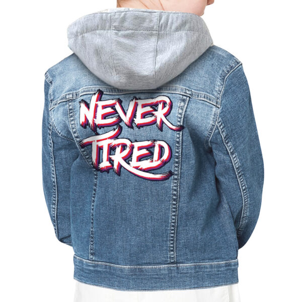 Kids' hooded denim jacket with cool graphic design.