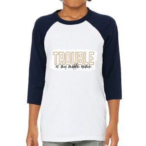 Kids' baseball t-shirt with trouble cool print design.