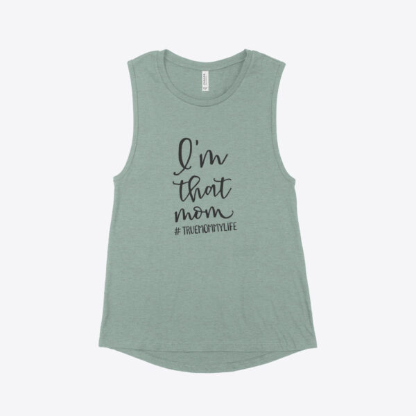 I'm That Mom" Women's Jersey Muscle Tank in white, laid flat.