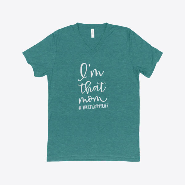 I’m That Mom" Women's Triblend V-Neck T-Shirt in navy blue, laid flat.