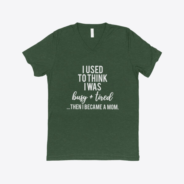 I Used to Think I Was Busy" Women's Triblend V-Neck T-Shirt in heather gray, laid flat.